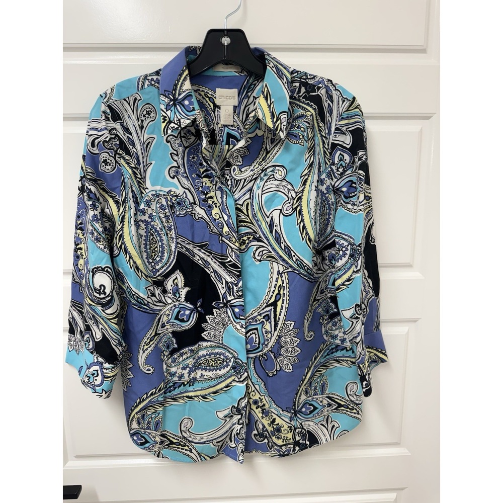 Chicos No Iron Shirt Blouse Button Front Paisley Print Blue Women Size 0 S